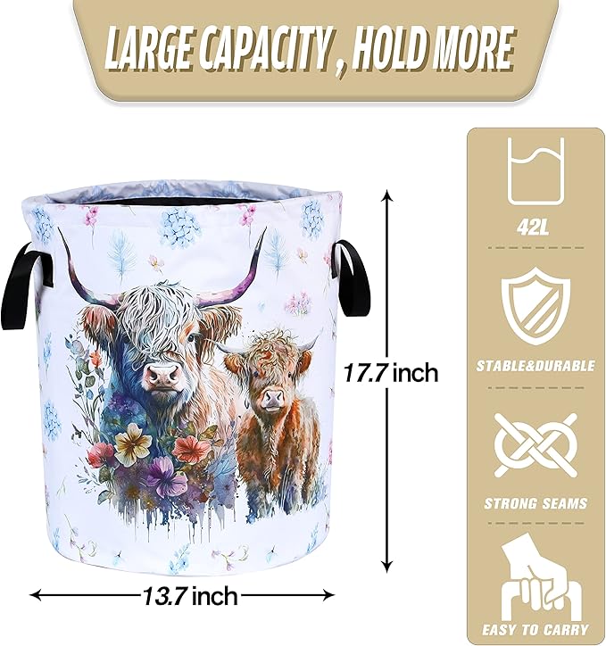 Highland Cow Laundry Basket Cattle Animal Foldable Oxford Cloth Funny Tote Bag Laundry Hamper Clothes Storage Bucket Organizer For Bathroom/Laundry Storage/Bedroom 17.7x13.7 Inch