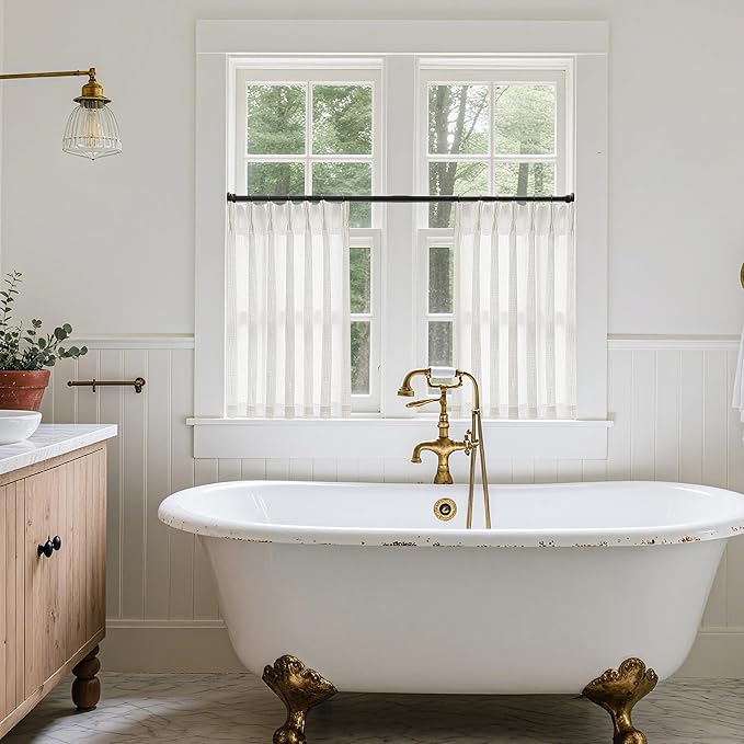 Off White Linen Kitchen Curtain 24 Inch Length 2 Panels Set Pinch Pleat Boho Country Farmhouse Short Cafe Curtains Light Filtering Pleated Semi Sheer Small Window Treatment Tiers for Basement Camper