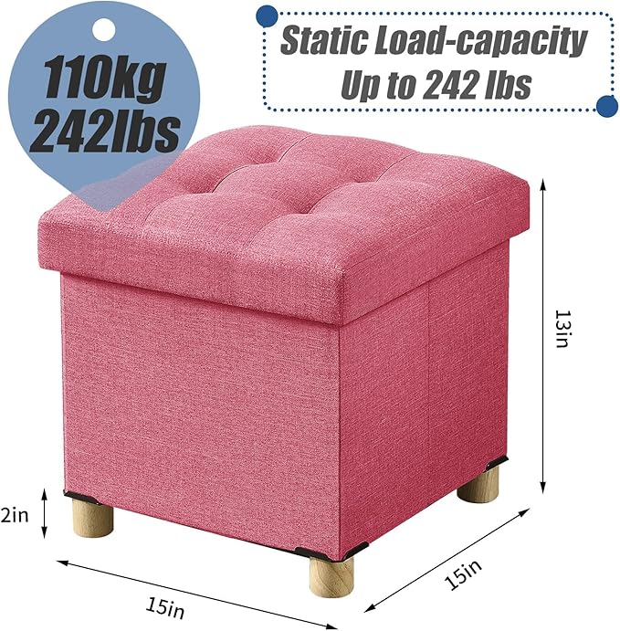 BRIAN & DANY 15 Inches Ottoman with Storage, Square Small Storage Ottoman Foot Rest with Legs, Ottomans Foot Stool for Dorm, Living Room, Entryway (Hot Pink)