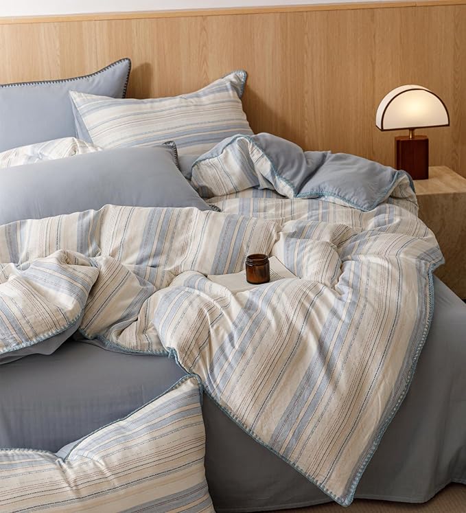 VM VOUGEMARKET Blue White Stripes Duvet Cover King 100% Cotton Muslin Duvet Cover Embroidered Cozy Simple Modern Bedding Set for Men Women