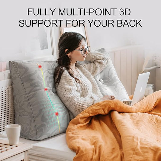 WOWMAX Wedge Pillow Headboard Dorm Headboard Twin XL Bed Silver Bolster Pillow for Bed, Jacquard Satin Fabric 100% Pure Cotton, Light Grey