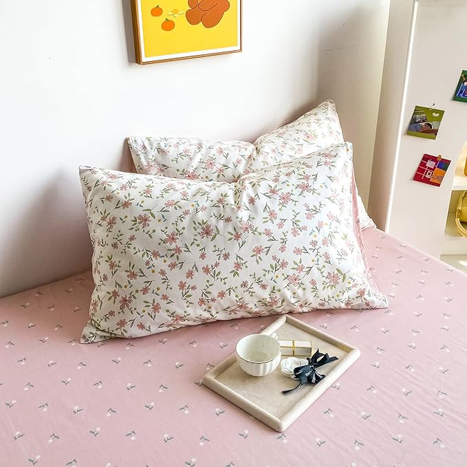 MKXI Garden Floral Comforter King Peach Blossom Pink White Floral Comforter Set for Girls Botanical Bedding Comforter Pink Flowers Print Comforter Vintage Farmhouse Bed Comforters, MKB02QianyK