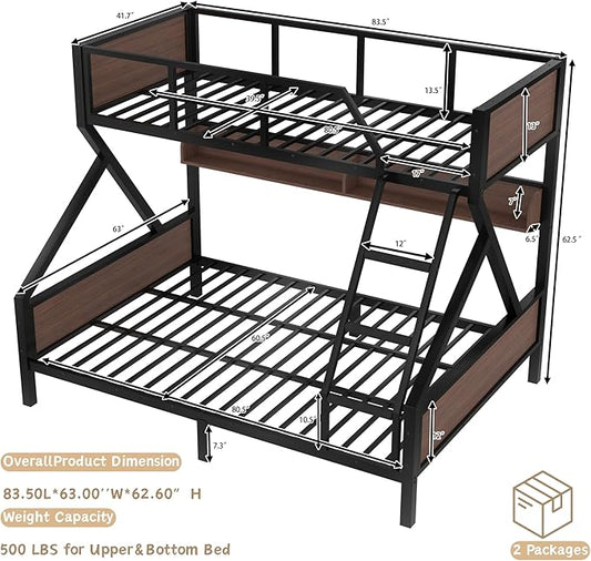 Bellemave Twin XL Over Queen Bunk Bed with Shelves, Metal Bunk Beds with Ladders and Lights, Heavy-Duty Bunkbed for Bedrooms, Guest Rooms and Dorms, No Box Spring Needed and Noise-Free Design, Black