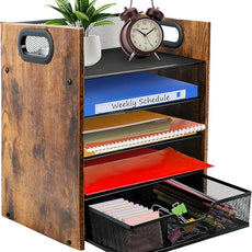 Wood Desk Organizer - 5-Tier Desktop File Organizer with Drawer, Wooden Paper Tray, Office Desk Organzier and Accessories for Papers, Mail, Notebooks, Stationery