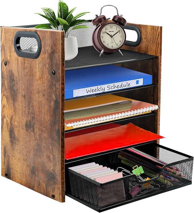 Wood Desk Organizer - 5-Tier Desktop File Organizer with Drawer, Wooden Paper Tray, Office Desk Organzier and Accessories for Papers, Mail, Notebooks, Stationery
