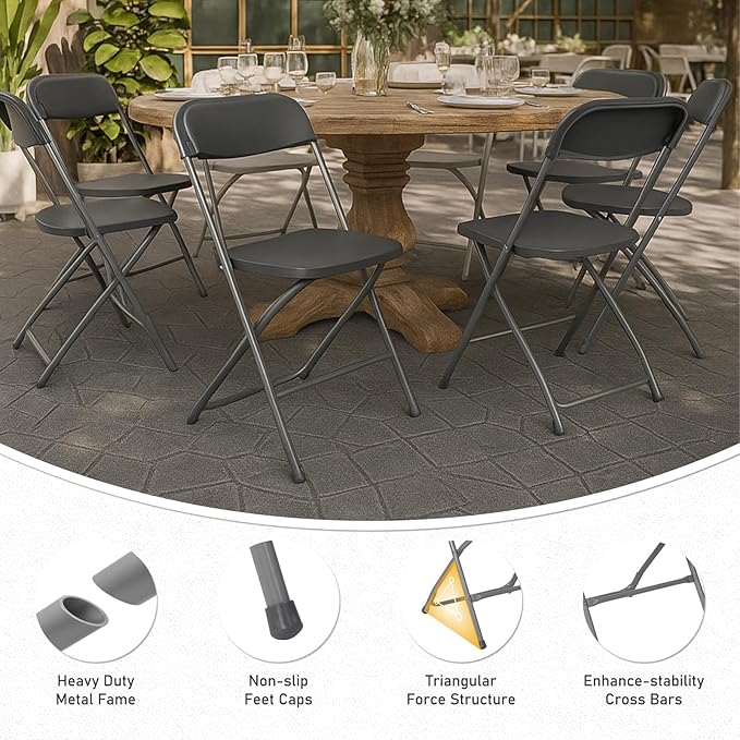 10 Pack Gray Plastic Folding Chairs for Outside, Portable Stackable Commercial Metal Foldable Chairs with Steel Frame for Home Events Office Wedding Party, 350lbs Capacity