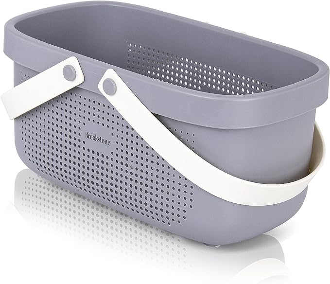 Brookstone BKH1633, Large Portable Shower Caddy with Soft Silicone Carrying Handle, Bathroom Organizer Basket, Plastic Bath Tote, Dries Quickly with Drainage Holes [BPA Free], Gray