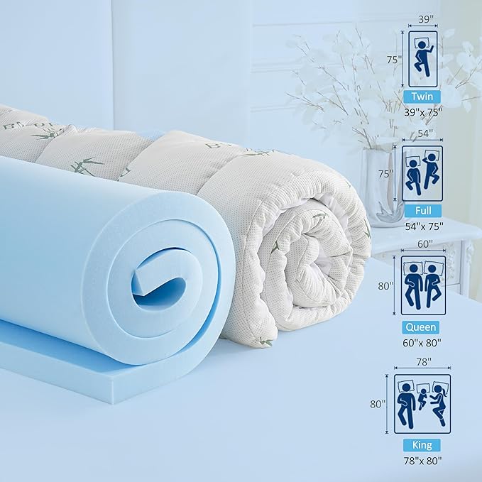 DOWNCOOL Dual Layer 4 Inch Memory Foam Mattress Topper Queen - 2 Inch Gel Memory Foam & 2 Inch Cooling Pillow Top Mattress Pad for Back Pain Relief, Soft Bamboo Viscose Air Layer Cover