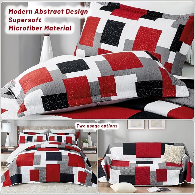 2 Piece Red Black Grey Quilt Set Twin Size Red White Geometric Reversible Bedding Set Microfiber Lightweight Bedspread Coverlet with 1 Sham Modern Abstract Bed Cover for All Season, 68''x86''