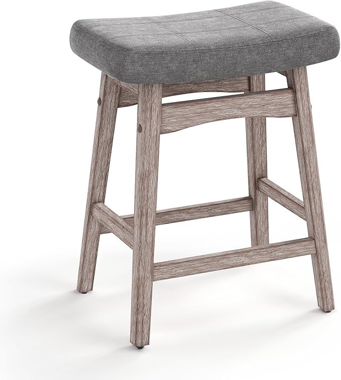 MAISON ARTS Counter Height Bar Stool for Kitchen Counter Solid Wood Legs with Fabric Saddle Seat Farmhouse Barstool for 34"-38" Counter Island Upholstered Stool, 24in, Grey Cushion,1pc