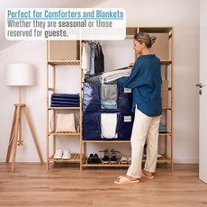 VENO 2 Pack Moving Bags, Christmas Storage Bins, Moving Boxes Alternative, Comforter and Blanket Storage Bags, College Dorm Packing Supplies, Foldable Heavy-Duty Tote with Window (Blue, 2 Pack)