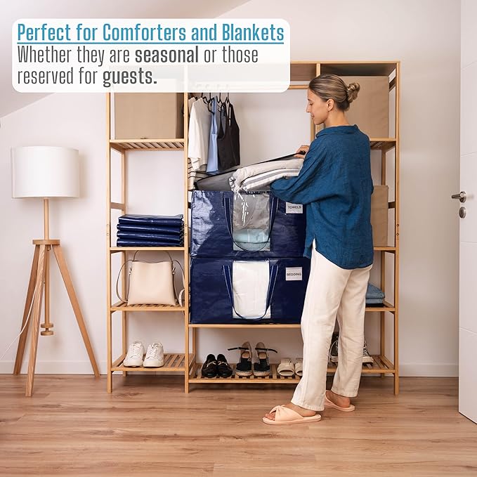 VENO 2 Pack Moving Bags, Christmas Storage Bins, Moving Boxes Alternative, Comforter and Blanket Storage Bags, College Dorm Packing Supplies, Foldable Heavy-Duty Tote with Window (Blue, 2 Pack)