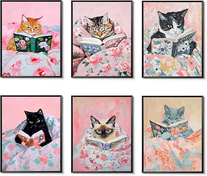 Cute Cat Reading Poster Set of 6 Funny Black Cat Book Lover Canvas Wall Art, Whimsical Animal Wall Decor Painting Prints Aesthetic for Nursery Kids Boby Room Bedroom Unframed 12x16 inch