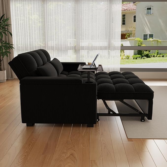 65" Sofa Bed, Loveseat 3-in-1 Sleeper Sofa with Pull Out Bed, 360° Swivel Side Table and USB, 2 Seater Convertible Small Couch for Living Room Apartment (Black, Corduroy)