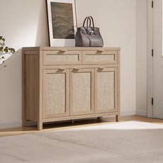 SICOTAS Rattan Sideboard Buffet Cabinet with Storage, Boho Credenza Accent Cabinet with 3 Doors and 2 Drawers, Farmhouse Console Coffee Bar for Kitchen, Living Room, and Entryway, Light Oak