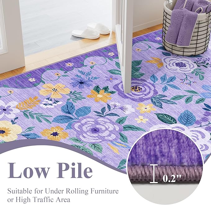DUKINO 6x9 Area Rug, Floral Rugs for Living Room, Lightweight Non Slip Washable Rug, Indoor Low Pile & Non-Shedding Boho Design Rugs for Bedroom, Living Room, Dining Room, Purple