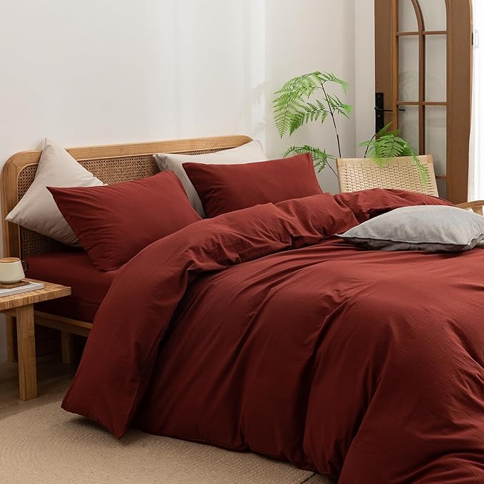 BESTOUCH Duvet Cover Set 100% Washed Cotton Linen Feel Super Soft Comfortable Chic Lightweight 3 PCs Home Bedding Set Solid Fired Brick Red Super King