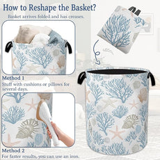 Starfish Coral Shells Laundry Hamper With Handle,Foldable Oxford Cloth Ocean Laundry Basket,20.8