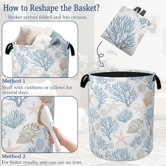 Starfish Coral Shells Laundry Hamper With Handle,Foldable Oxford Cloth Ocean Laundry Basket,20.8"x16" Clothes Storage Basket for Laundry Room/Bedroom/Bathroom