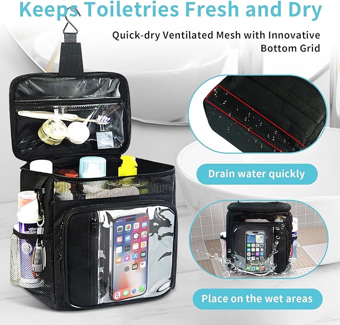 Dorm Room Essentials for Guys Girls Boys, Hanging Toiletry Bag，Waterproof Travel Shower Caddy Organizer with Clear Pockets, Mesh Compartments & Hook Portable Toiletry Bag for Gym, Camping, Cruise