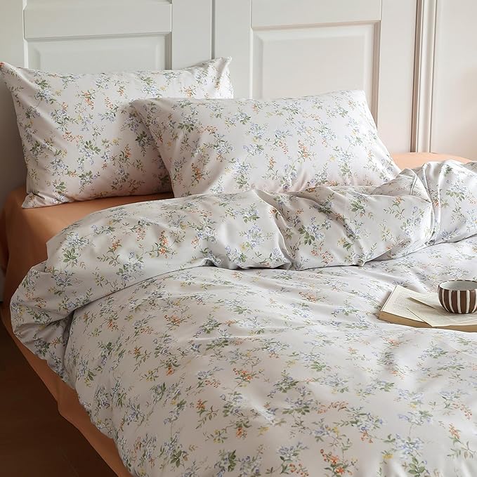 HighBuy Garden Style Floral Duvet Cover Twin Chic Yellow Blue Floral Botanical Bedding Set Twin Cozy Cotton Flower Botanical Comforter Cover 2 Pillowcases Aesthetic Floral Duvet Cover Set
