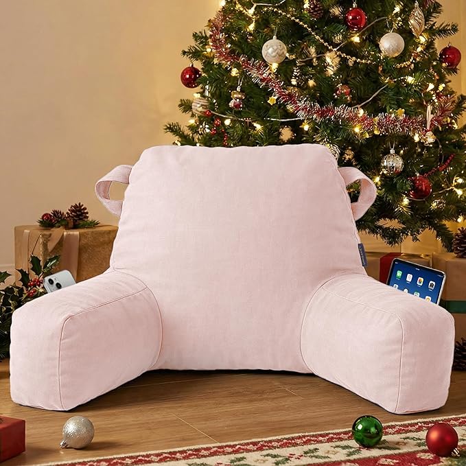 Portable Comfy Reading Pillows for Bed Sitting Up(Pink Oeko-Tex), Velvet Back Pillow with Arms & Pockets for Adults, Support Memory Foam Bed Pillow for Dorm/Reading/Watching/Gaming