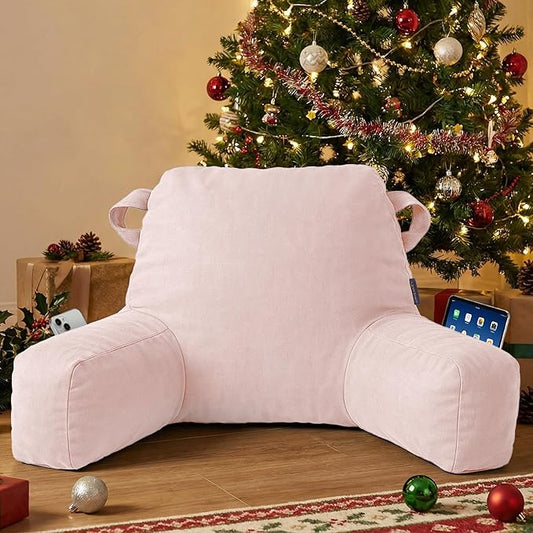 Portable Comfy Reading Pillows for Bed Sitting Up(Pink Oeko-Tex), Velvet Back Pillow with Arms & Pockets for Adults, Support Memory Foam Bed Pillow for Dorm/Reading/Watching/Gaming