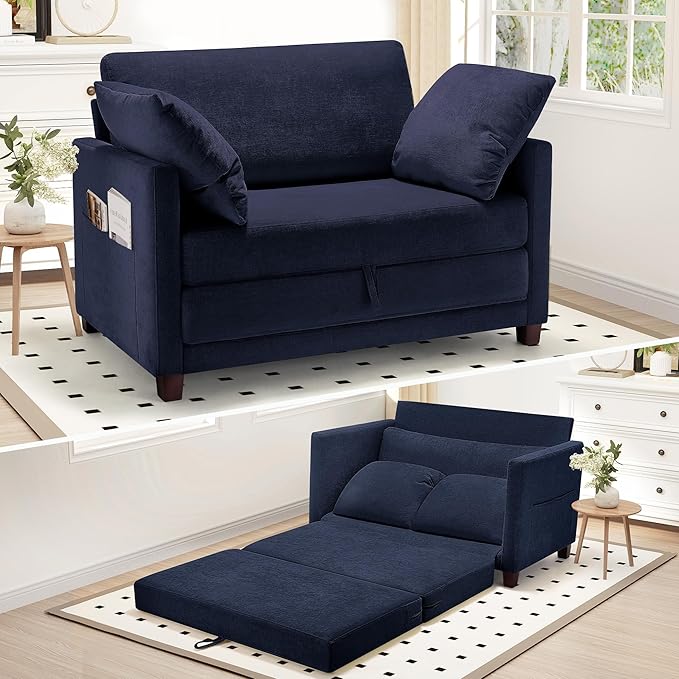 51" Convertible Sofa Bed, 2 in1 Folding Sofa Bed, Loveseat Sleeper Sofa for Small Spaces, Fold Out Floor Couch with 2 Pillows for Apartment, Living Room & Guest Room, Deep Blue Chenille Fabric