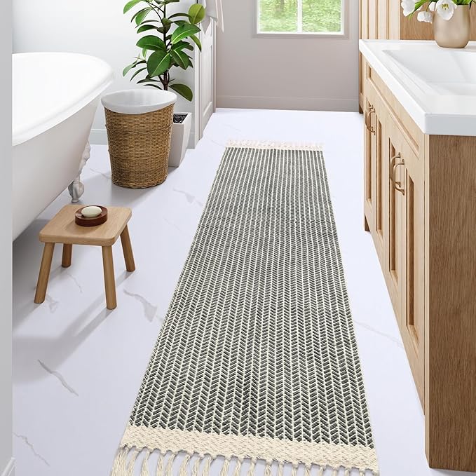 Lahome Boho Hallway Runner Rug, 2x7 Kitchen Runners Rug Washable Bath Rugs for Bathroom Woven Cotton with Tassels, Farmhouse Carpet Non Shedding Grey Rugs for Bedroom Laundry