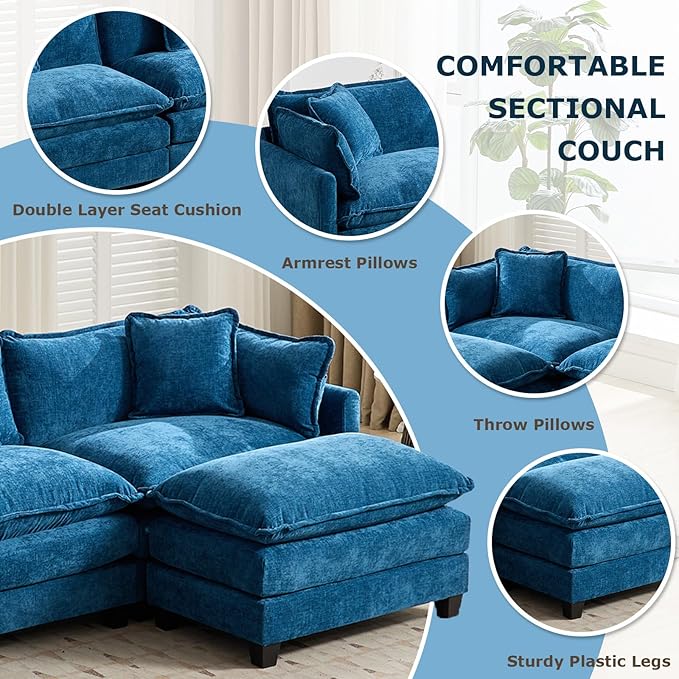 SoarFlash Chenille Sectional Sofa, Comfy Modular Single Sofa with Ottoman, Modern Recliner Deep Seat Sofa Set for Living Room,Blue
