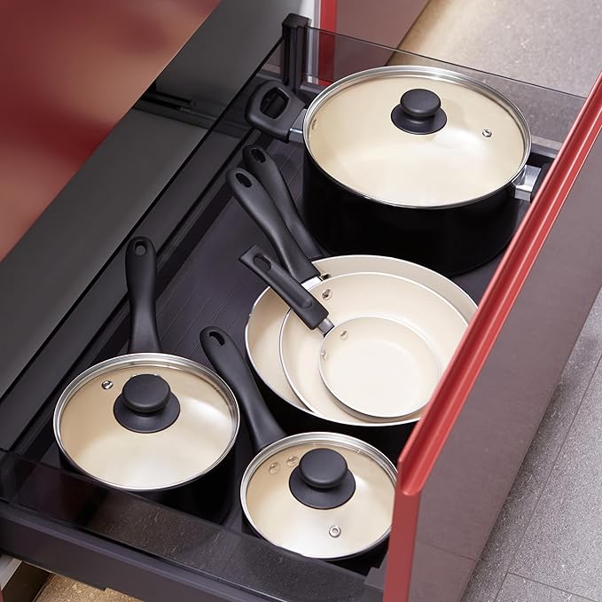 Amazon Basics 11-Piece Ceramic Non-Stick Pots and Pans Set, Dishwasher & Oven Safe, Non-Toxic, Easy Clean, Black/Cream