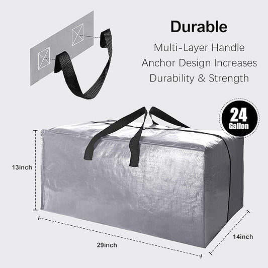 12 Pack Heavy Duty Extra Large Moving Bags W/Backpack Straps - Strong Handles & Zippers, Storage Totes For Space Saving, Fold Flat, Alternative to Moving Box and Storage Bin, Silver