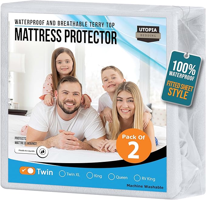 Utopia Bedding Waterproof Mattress Protector Twin Size 2 Pack, Premium 200 GSM Terry Mattress Cover, Soft & Breathable Bed Cover, Fitted Sheet Style with Stretchable Deep Pockets 15" (White)