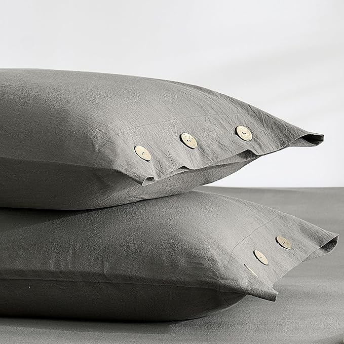JELLYMONI 100% Washed Cotton King Pillowcases Set, 2 Pack Linen-Like Texture Breathable Pillow Covers with Button Closure,Deep Grey King 20"×36"(Pillows are not Included)