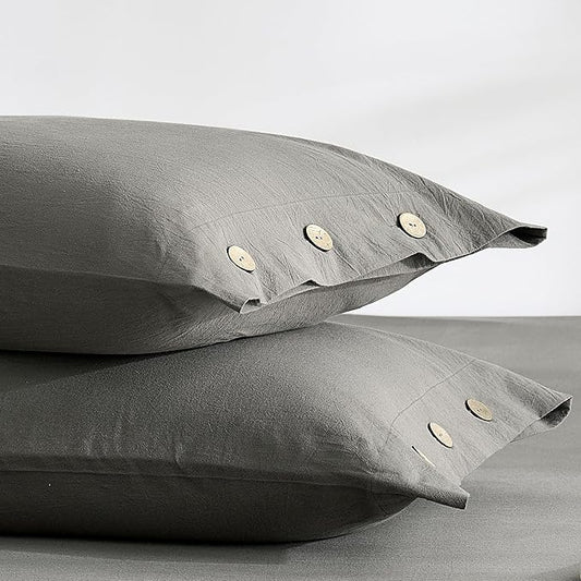 JELLYMONI 100% Washed Cotton King Pillowcases Set, 2 Pack Linen-Like Texture Breathable Pillow Covers with Button Closure,Deep Grey King 20"×36"(Pillows are not Included)