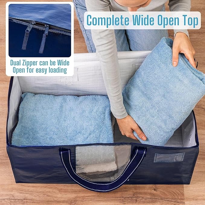 VENO 8 Pack Moving Bags, Christmas Storage Bins, Moving Boxes Alternative, Comforter and Blanket Storage Bags, College Dorm Packing Supplies, Foldable Heavy-Duty Tote with Window (Blue, 8 Pack)