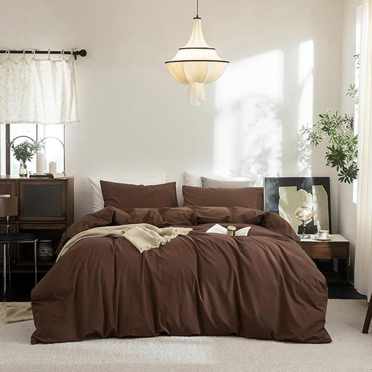FOSSA Duvet Cover Set 100% Washed Cotton Linen Feel Super Soft Breathable Cozy 3 Pieces Bedding Sets Solid Cocoa Brown California King