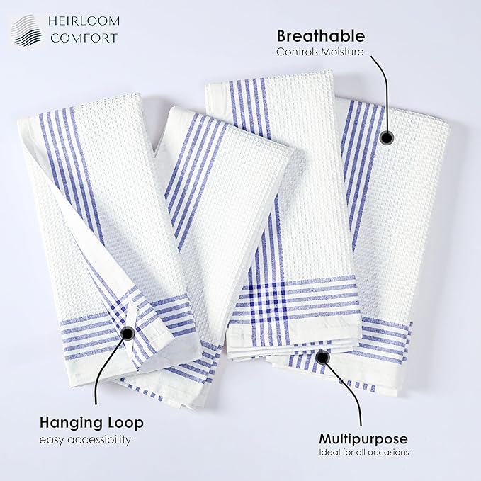 Indigo Blue and White Waffle Kitchen Towels 12 Pack, 16x26 Inch, 100% Cotton, Absorbent & Quick Dry Dish Towels, Soft & Durable Cloths for Cooking, Drying, Cleaning, Machine Washable