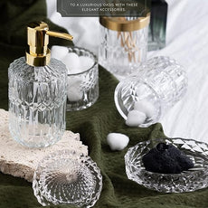 EMPO 6PCS Bathroom Clear Glass Accessories Set (Lotion Soap Dispenser, Soap Dish, Toothbrush Holder, Tumbler, Cotton Swab Jar), Contemporary Modern Decor Crystal Vintage Gift (6pcs Clear)