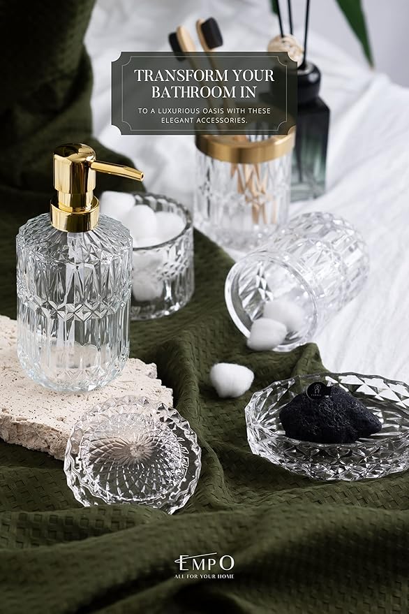 EMPO 6PCS Bathroom Clear Glass Accessories Set (Lotion Soap Dispenser, Soap Dish, Toothbrush Holder, Tumbler, Cotton Swab Jar), Contemporary Modern Decor Crystal Vintage Gift (6pcs Clear)