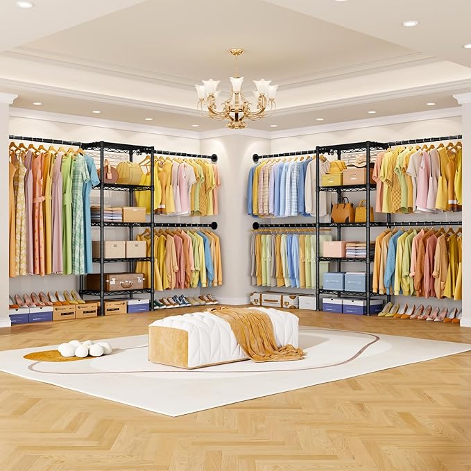 Ulif M2 Wall Mounted Closet System, Clothes Rack Mounted onto the Wall with 4 Expandable Hanger Rods and 5 Metal Shelves, Clothing Organizer Storage in (70.8-102.3)" L x 14.5" D x 71.2" H, Black