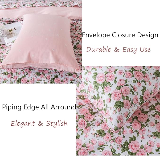 FADFAY Duvet Cover Set Full Pink Rose Floral Bedding Vintage Peony Flower Quilt Cover Set Shabby Farmhouse Bedding 100% Cotton Ultra Soft Comforter Cover with Hidden Zipper Closure 3Pcs, Full Size