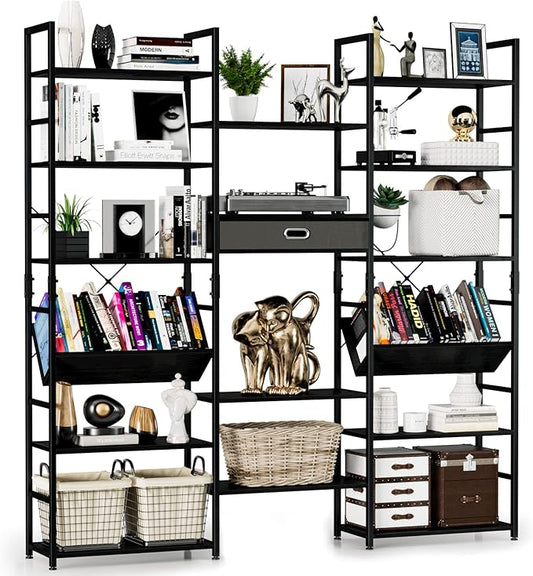 NUMENN Triple Wide 6 Tier Bookshelf, Adjustable Rustic Industrial Style Book Shelves, Modern Bookcases and Bookshelves Furniture for Bedroom, Living Room and Home Office, Black