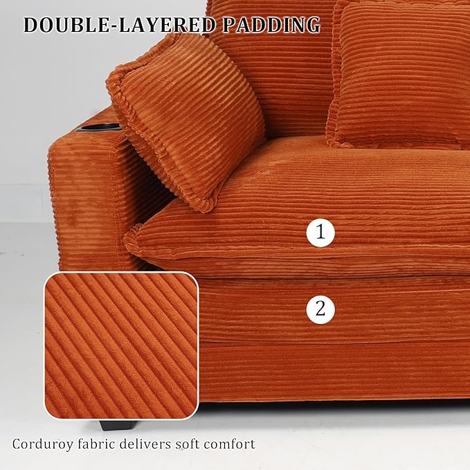 Gexpusm Modular Sectional Sofa,99" Couches for Living Room,Corduroy Sofa with Ottoman & Pillow,Cloud Sectional Couch with Cup Holders & USB,Side Pockets,3-Seat Corduroy Boneless Chair Indoor (Orange)