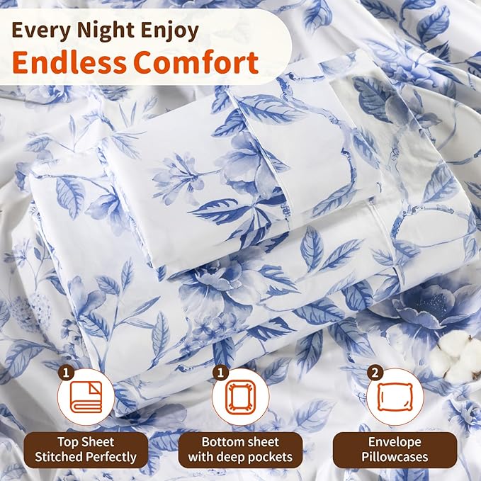 LBRO2M 1000 Thread Count Sheets 100% Egyptian Cotton Bedding Set Floral King Size Sheets 16 Inches Deep Pocket Bedding 4 Piece Sets (King, Field Flower)