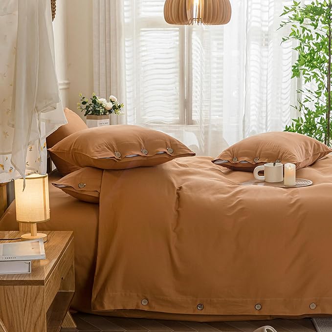 JELLYMONI Cotton Duvet Cover Queen Size - Burnt Orange Comforter Cover with Button 100% Washed Cotton 3PCS Breathable Soft Solid Bedding Set Duvet Cover 90×90in & 2 Pillowcases (NO Comforter)