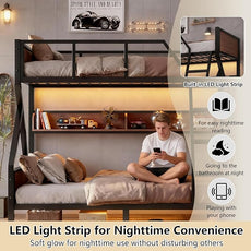 Twin over Full Bunk Bed with Storage Shelves, Metal Bunk Beds with Ladders and Lights, Heavy-duty Bunkbed for Bedrooms, Guest Rooms and Dorms, No Box Spring Needed and Noise-free Design, Black