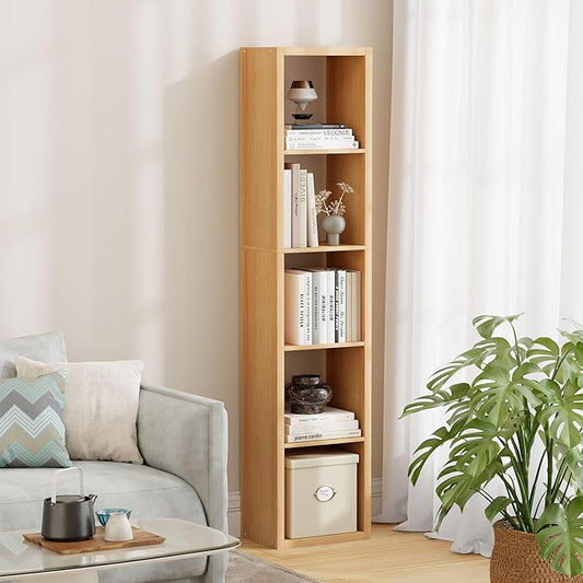 5 Cube Storage Organizer Single Row, Cube Shelf with Heavy-Duty Thick Boards, 13.31"L x 9.37"W x 60.55"H, Smooth Easy-Clean Panels, Simple Assembly, for Living Room Bedroom Office, Natural-Oak