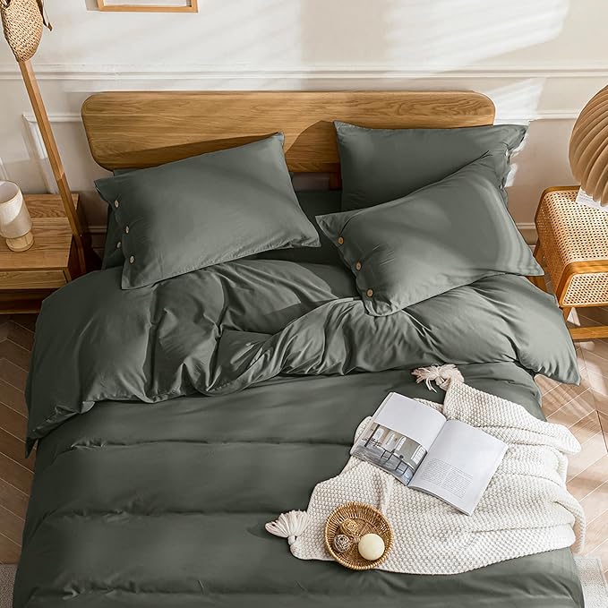 JELLYMONI Cotton Duvet Cover Queen Size - Gray Comforter Cover with Button 100% Washed Cotton 3PCS Breathable Soft Solid Bedding Set Duvet Cover 90×90in & 2 Pillowcases (NO Comforter)