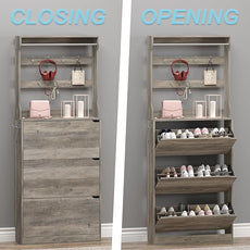 Shoe Cabinet with 3 Flip Drawers & Coat Rack, Narrow Hidden Shoe Storage Cabinet, 2-in-1 Hall Tree Slim Freestanding Shoe Rack Organizer for Entryway, Hallway, and Living Room